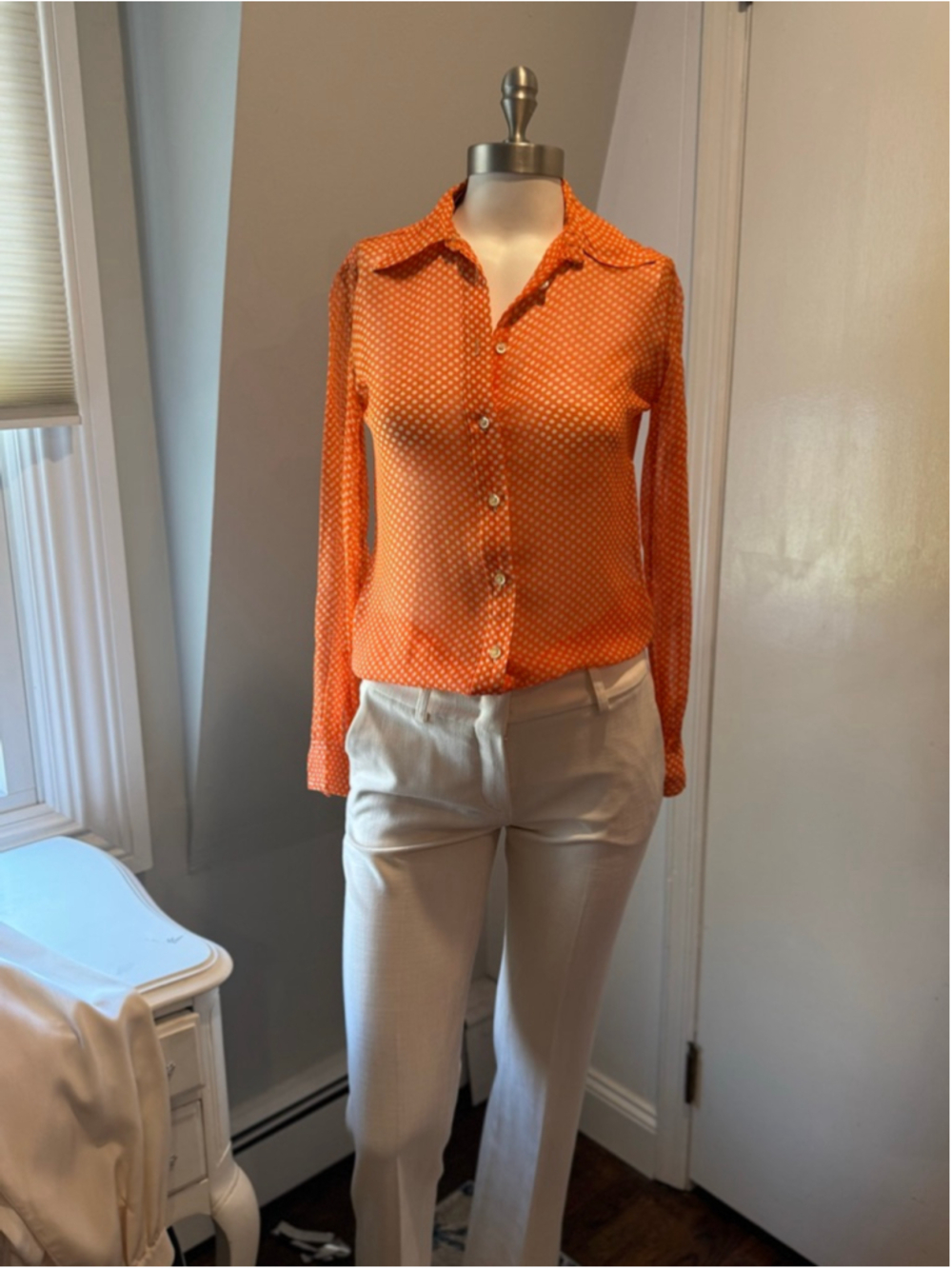 Vintage Unbranded Orange White Polka Dot Button Down Sheer Shirt Size 8